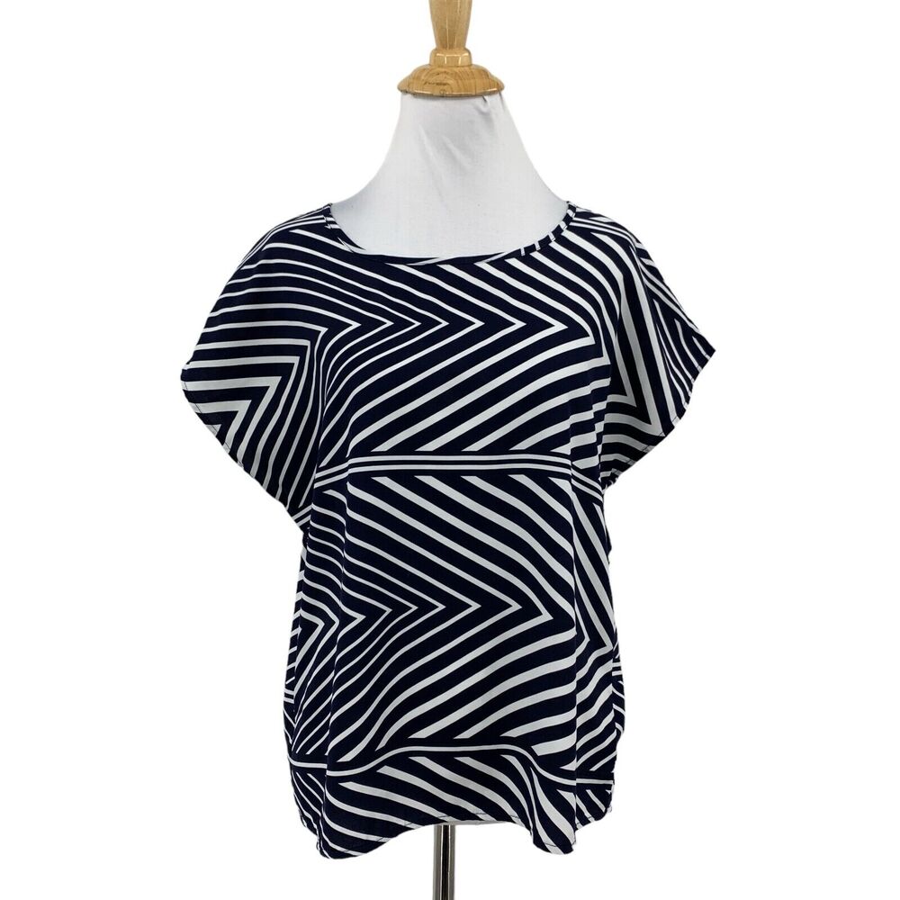 Anthropologie Blouse Womens S Small Navy Bird Cage Chevron Cap Sleeve Boxy Top